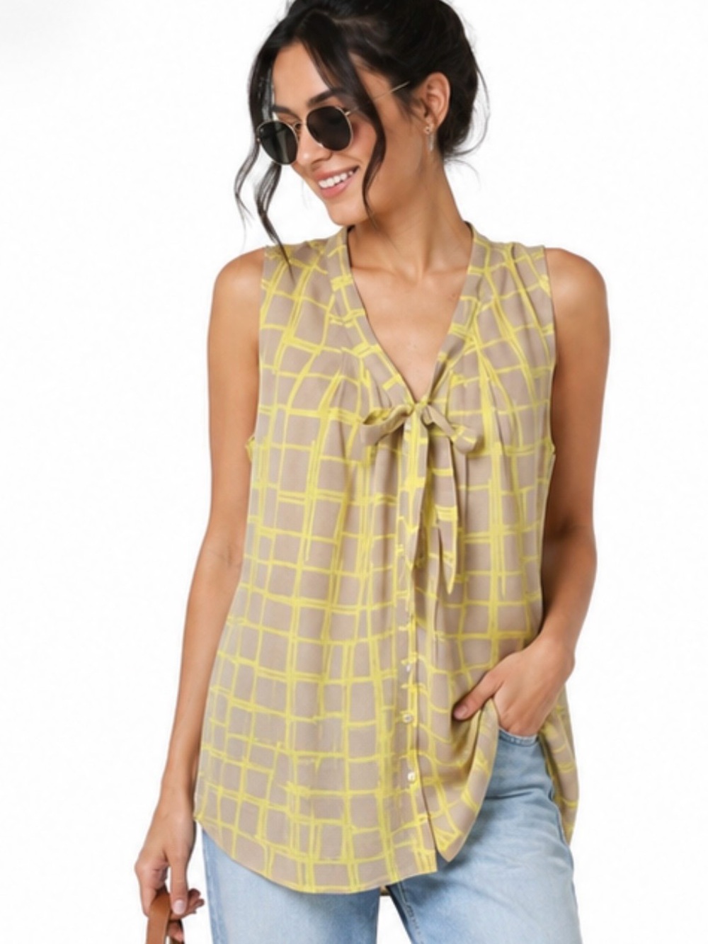 GAP TAUPE LIME VISCOSE SLEEVELESS PUSSYBOW BLOUSE L NWT
